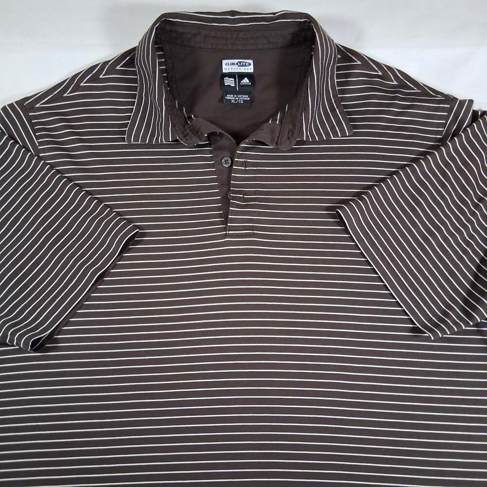 Adidas ClimaLite Men's XL Golf Polo Shirt Brown White Striped Mercerized Cotton